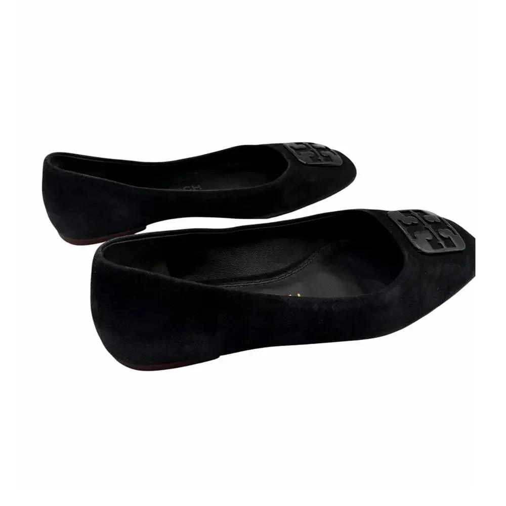 Tory Burch Gigi Ballet Flats Black Suede Square Toe Logo Size 8 Quiet Luxury
